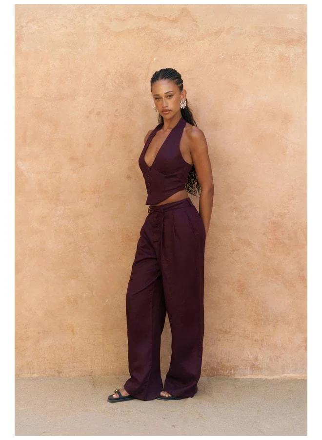 Bohemai  Lvdovila Burgundy Linen Crop Vest and Trousers Set. for Women | Best Price UAE