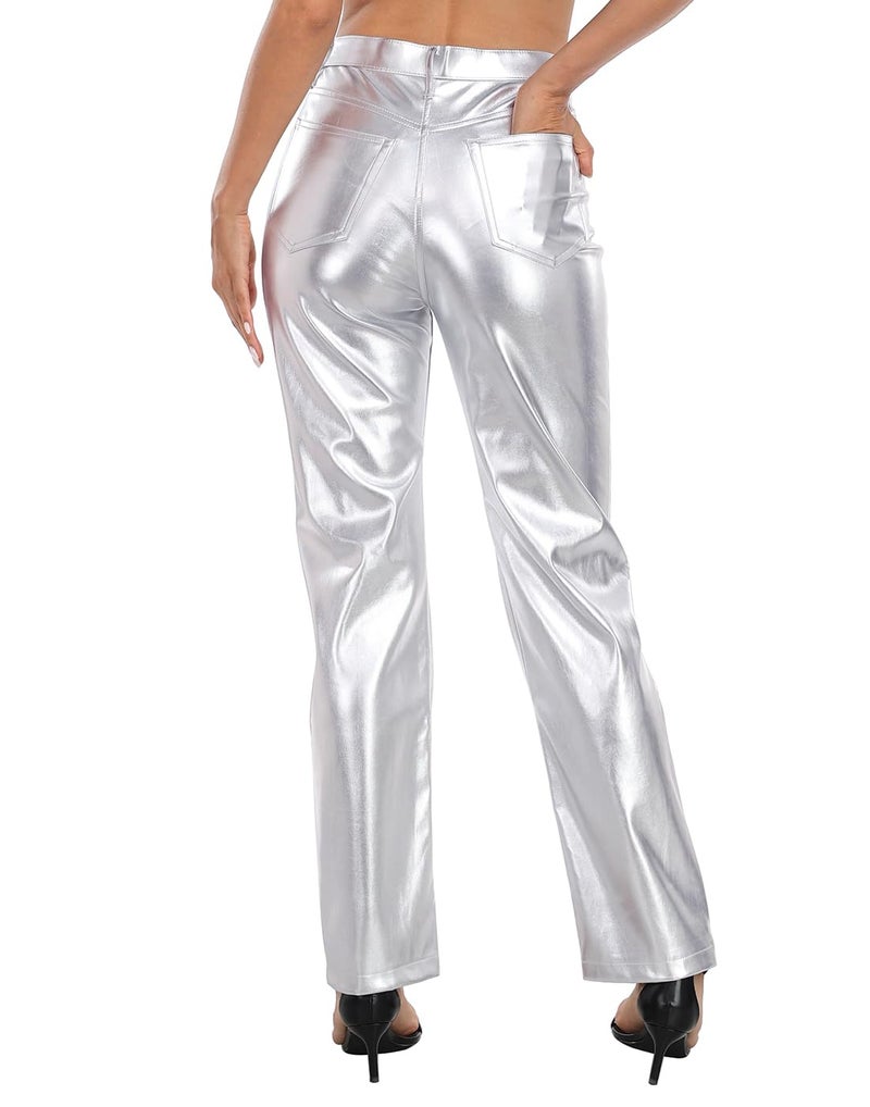 HDE Women's Shiny Metallic Faux Leather Pants High Waisted Straight Leg Trousers Silver - 6 - Image 5