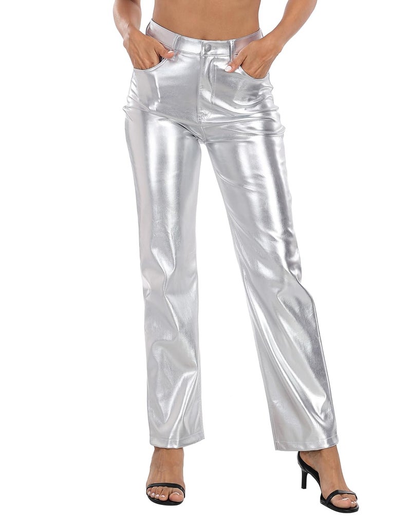 HDE Women's Shiny Metallic Faux Leather Pants High Waisted Straight Leg Trousers Silver - 6 - Image 4