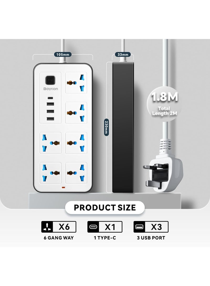 Baytion 6 Power Socket, Universal Electric Extension Cord with 1 Type-C Port,Extension Cords with 6Gang |3USB Ports,1.88 Meters Extenstion Power Cables for Home,Kitchen and Office - Image 2