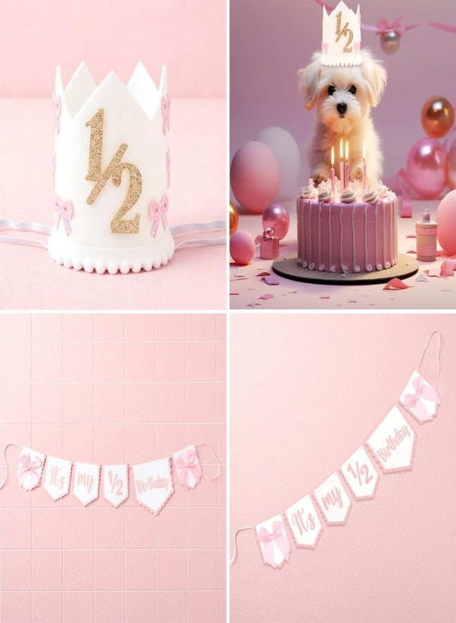 SuPoo 1/2 Birthday Cown It is My 1/2 Birthday Banner and Princess Hat Half Birthday Party Tiara Bow Half Way to One Baby Girl Decorations 6 Month Headband High Chair Banner Chair Skirt Outfit - Image 4