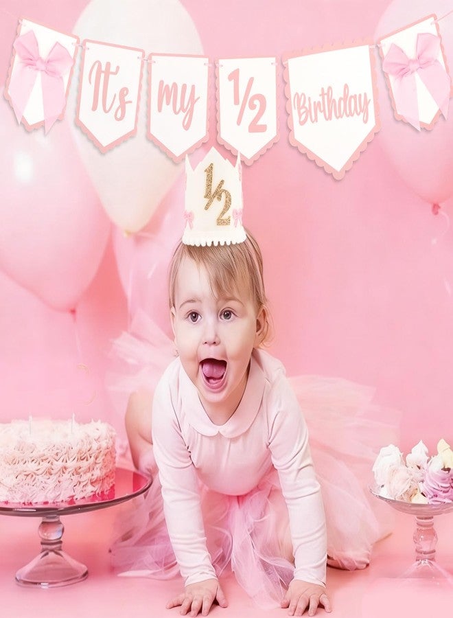 SuPoo 1/2 Birthday Cown It is My 1/2 Birthday Banner and Princess Hat Half Birthday Party Tiara Bow Half Way to One Baby Girl Decorations 6 Month Headband High Chair Banner Chair Skirt Outfit - Image 3