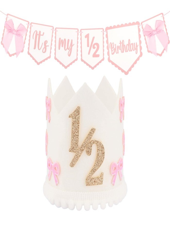 SuPoo 1/2 Birthday Cown It is My 1/2 Birthday Banner and Princess Hat Half Birthday Party Tiara Bow Half Way to One Baby Girl Decorations 6 Month Headband High Chair Banner Chair Skirt Outfit - Image 1