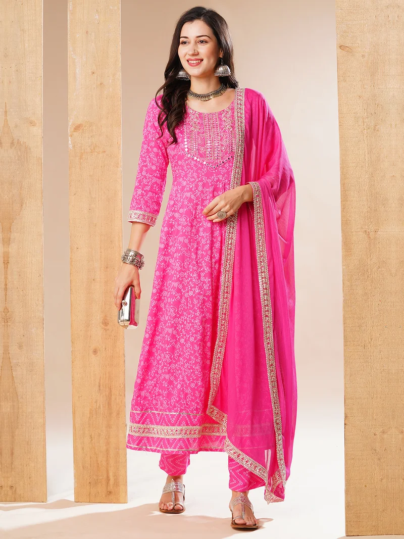 Women Pink Floral Printed Regular Thread Work Kurta With Trousers & Dupatta