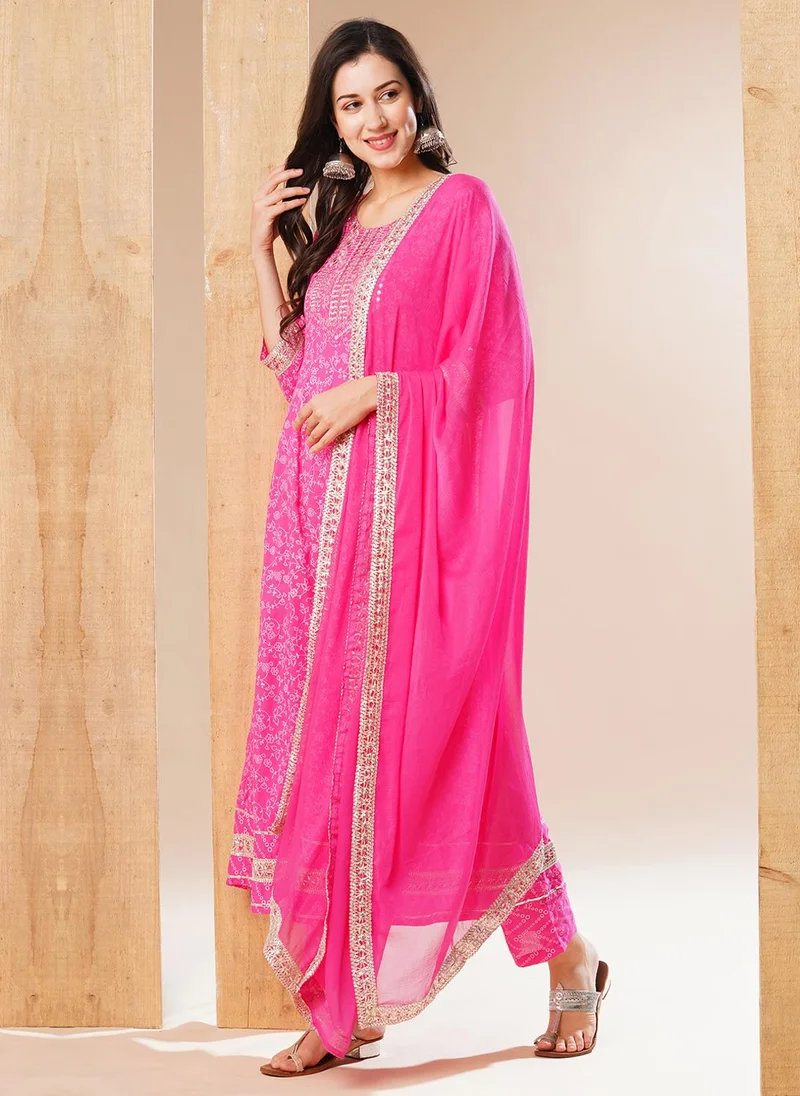 globus Globus Women Pink Floral Printed Regular Thread Work Kurta With Trousers & Dupatta