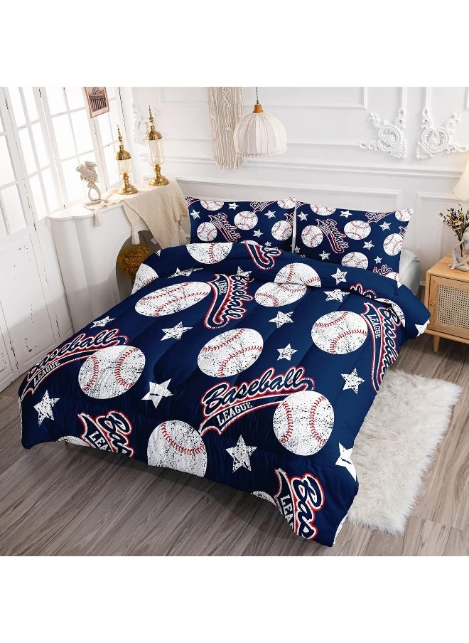Generic QOOMO 3D Baseballs Comforter Full Size, Blue Baseball Kids Comforter Set, 3Pcs Bedding Set Printed Comforter with 2 Pillowcases, Down Alternative, Soft and Lightweight, for All Seasons  - Image 2