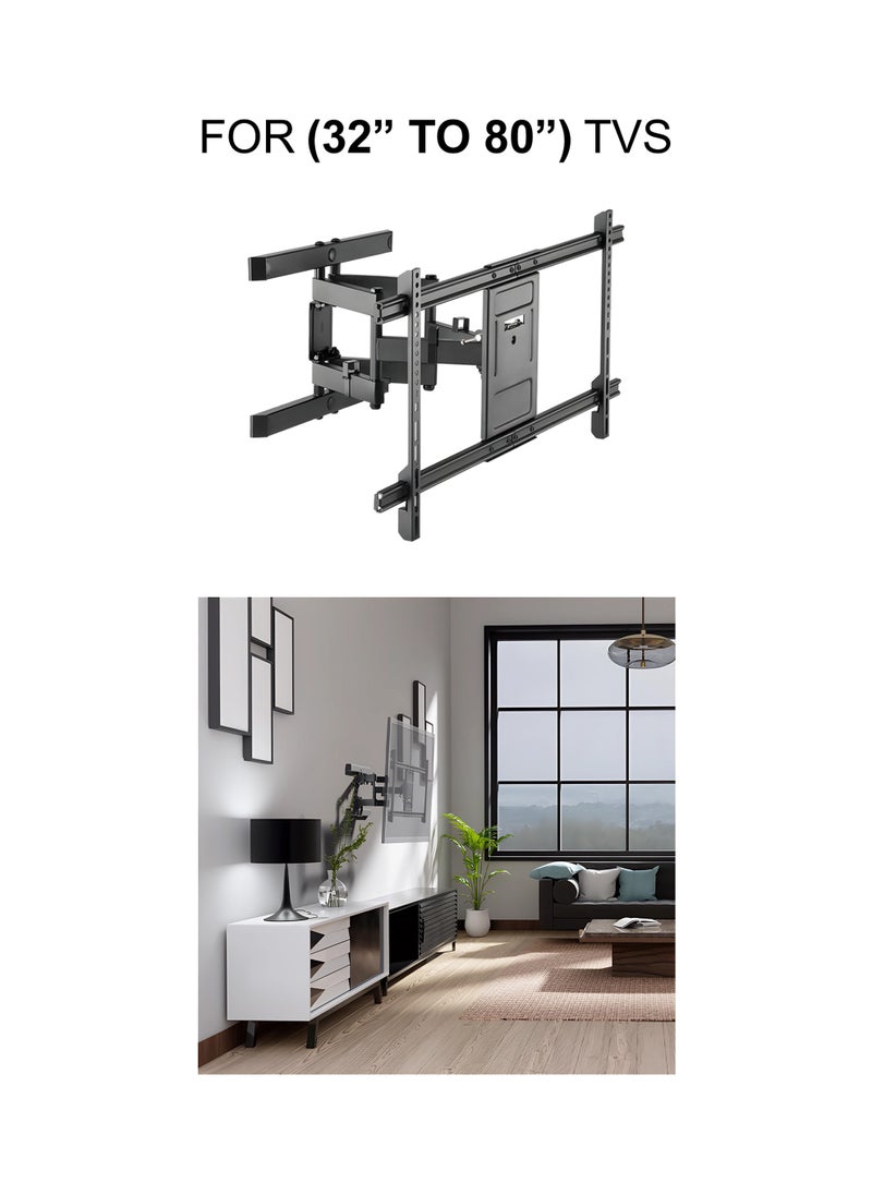 Ceiling-mounted TV bracket with full-motion support for large screens from 32 to 80 inches, model SG-834. Compatible with LCD, LED, OLED, and 4K displays, it features VESA support up to 800x800, fully adjustable tilt and swivel functionality, and a weight capacity of up to 75 kg.