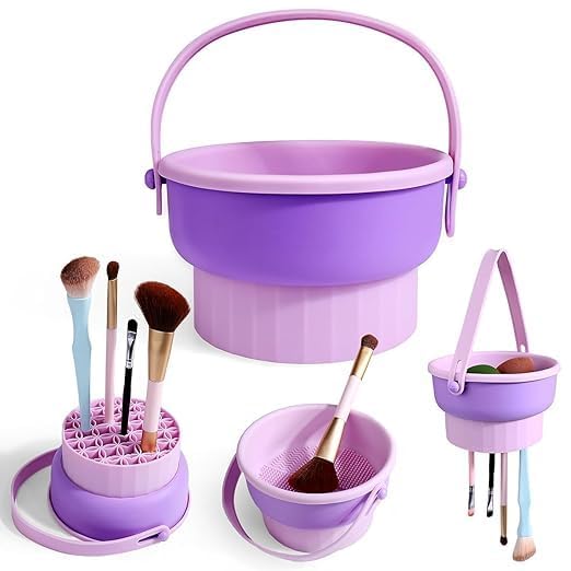 Stodern Makeup Brush Cleaning Mat Silicone 3 in 1 Brush Cleaner with Drying Holder Makeup Brush Washing Tool Cosmetic Makeup Brush Scrubber Sponge Powder Puff Brush Cleaning Bowl Multicolor - Image 1