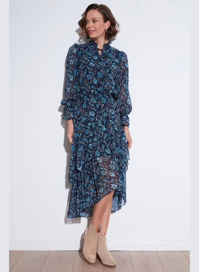 ليلا فستان ميدي شيفون بكشكشة بياقة هالتر بقصة عادية للنساء