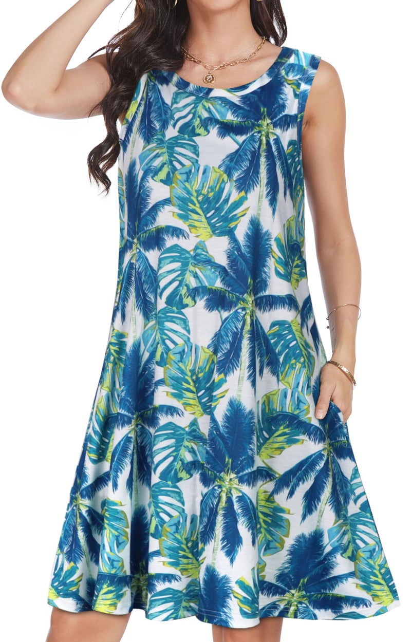 elescat Sundresses for Women Casual Beach Sleeveless Scoop Neck Flowy Tank Dress with Pockets(Blue Coconuts, L) - Image 2