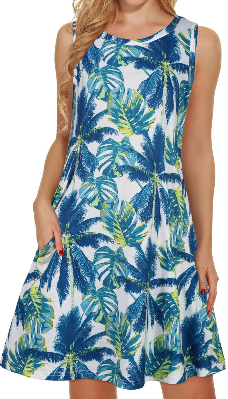 elescat Sundresses for Women Casual Beach Sleeveless Scoop Neck Flowy Tank Dress with Pockets(Blue Coconuts, L) - Image 1