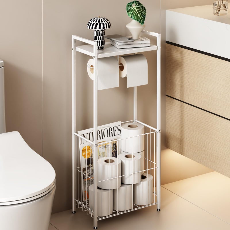 VOLDRA Toilet Paper Holder Stand with Storage Shelf, Free Standing Toilet Paper Roll Holder with Large Basket Heavy Duty Floor Double Tissue Dispenser for Bathroom Freestanding Tp Holder (Matte White) - Image 1