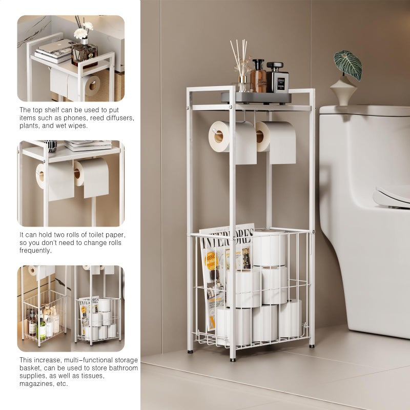 VOLDRA Toilet Paper Holder Stand with Storage Shelf, Free Standing Toilet Paper Roll Holder with Large Basket Heavy Duty Floor Double Tissue Dispenser for Bathroom Freestanding Tp Holder (Matte White) - Image 3