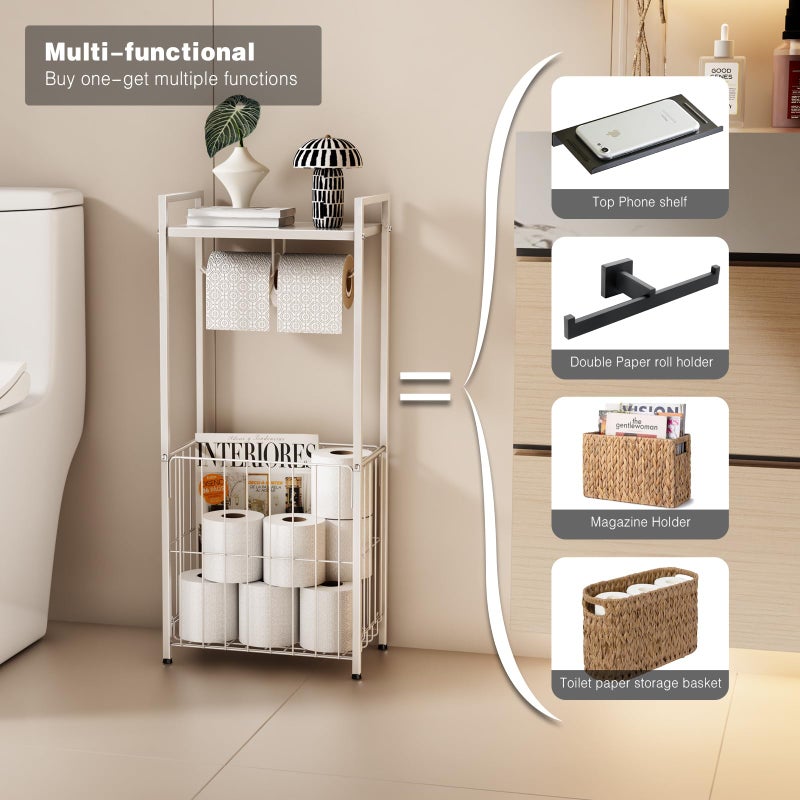 VOLDRA Toilet Paper Holder Stand with Storage Shelf, Free Standing Toilet Paper Roll Holder with Large Basket Heavy Duty Floor Double Tissue Dispenser for Bathroom Freestanding Tp Holder (Matte White) - Image 4