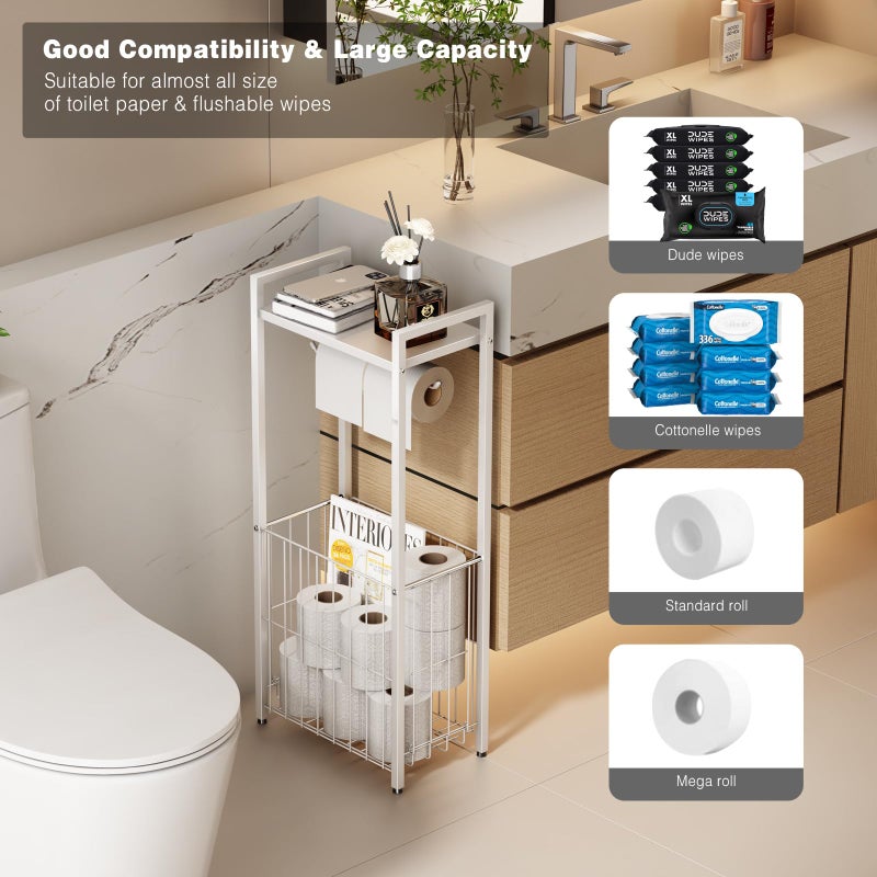 VOLDRA Toilet Paper Holder Stand with Storage Shelf, Free Standing Toilet Paper Roll Holder with Large Basket Heavy Duty Floor Double Tissue Dispenser for Bathroom Freestanding Tp Holder (Matte White) - Image 5