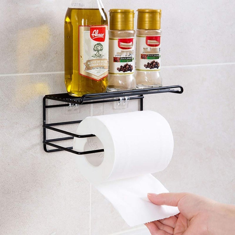 iSTAR Self-Adhesive Toilet Paper Holder with Shelf | Wall Mounted Tissue Paper and Towel Storage Rack | Bathroom Organizer with Mobile Phone Storage Shelf and Toilet Tissue Dispenser (Black) - Image 3