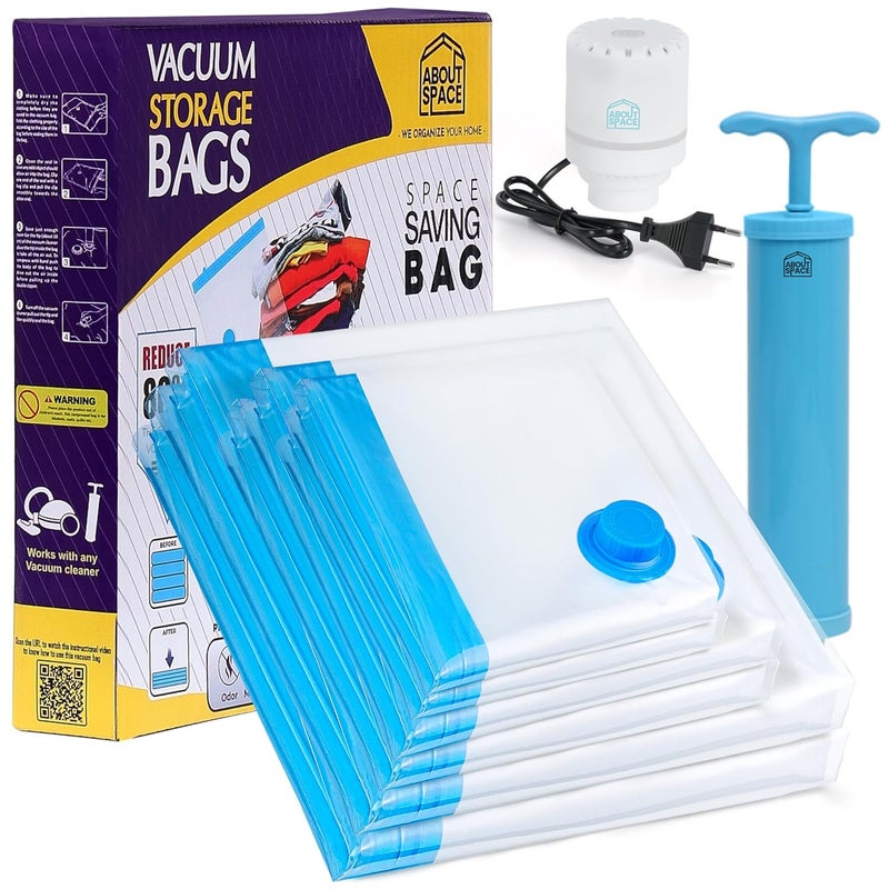 ABOUT SPACE 6 Pack Vacuum Bags for Travel with Electric Hand Pump 2 Jumbo2 Large2 Medium Polyamide Polyethylene Space Saver Compression Storage for Packing Ziplock Vaccine Sealer Bags Blue - Image 1