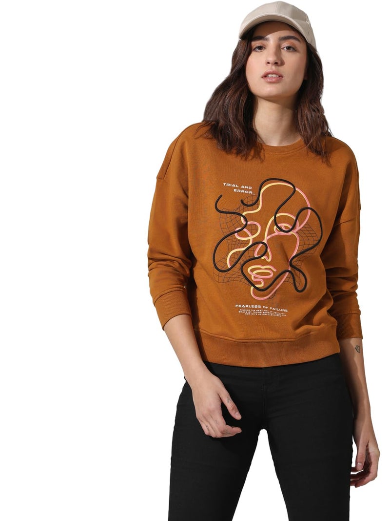 ONLY Women Printed Cotton Loose Fit Brown Sweatshirt - Image 2