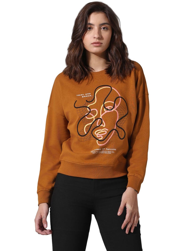 ONLY Women Printed Cotton Loose Fit Brown Sweatshirt - Image 3