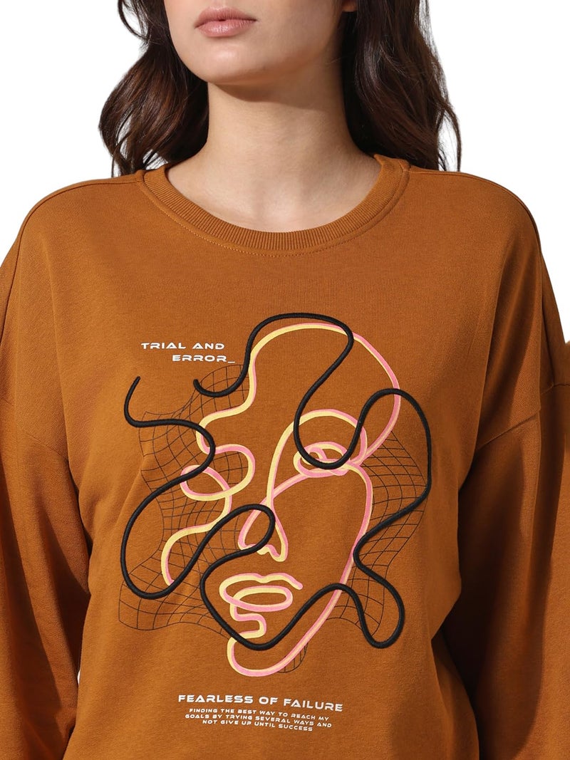 ONLY Women Printed Cotton Loose Fit Brown Sweatshirt - Image 4