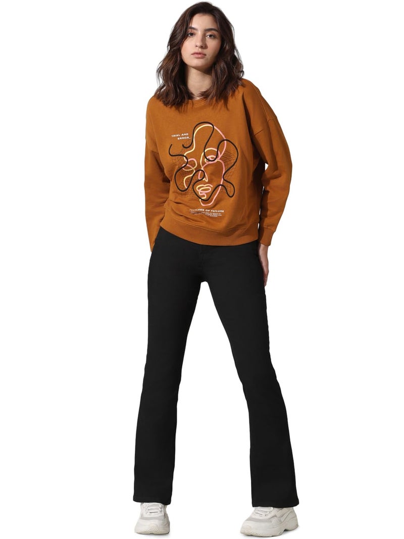 ONLY Women Printed Cotton Loose Fit Brown Sweatshirt - Image 1