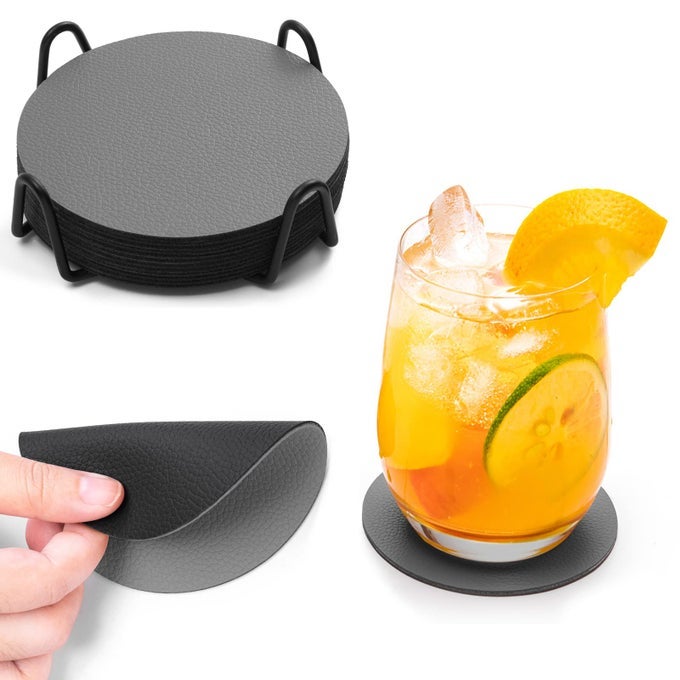 CoastersLeather Coasters Set of 12 Drinks Outdoor Coasters with Holder Mug Coaster Non Slip AntiHeat Cup Mats Coffee Beer Mug Wine Glass Bottle Home Bar Round Grey Black PGBD0