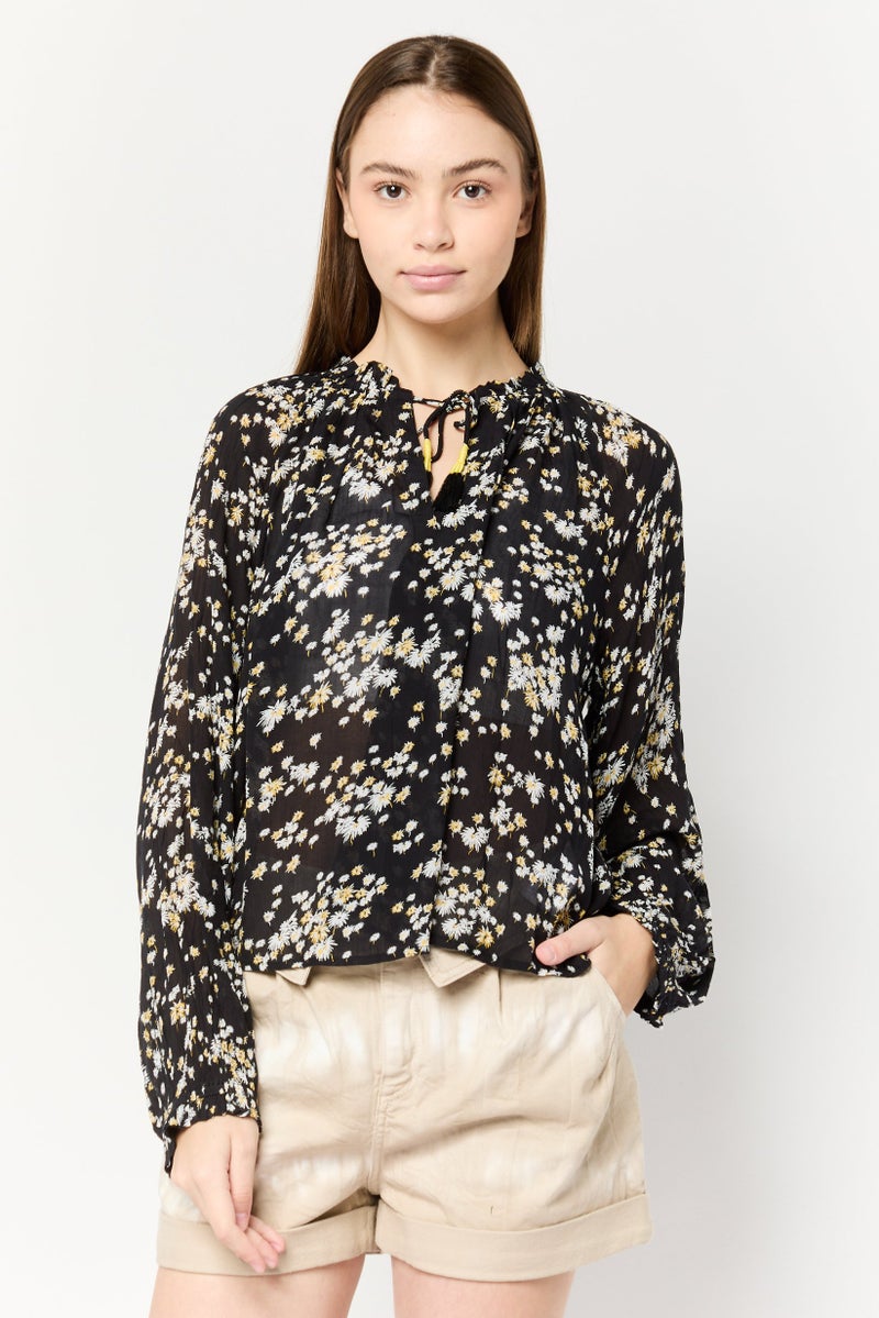 Scotch & Soda Women Ruffle Neck Long Sleeves Floral Print Blouse, Multicolor - Image 1