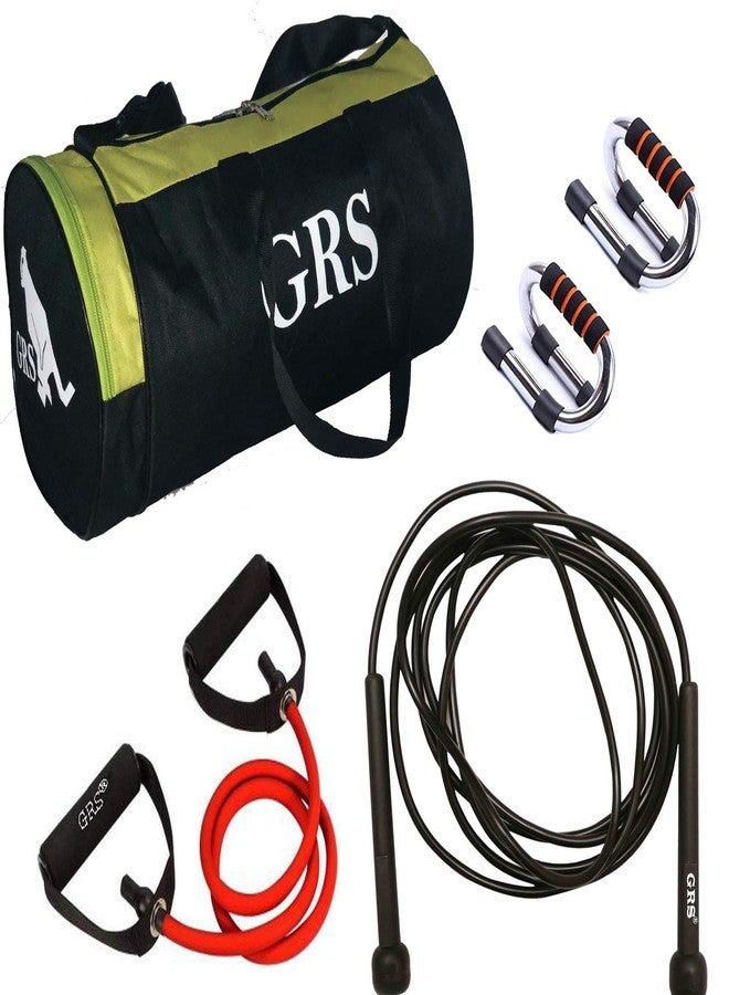 مجموعة GRS® Power_32 لتمديد العضلات وتقوية العضلات، وحقيبة رياضية للرجال والنساء (أخضر وأسود)، وحامل تمارين الضغط المصنوع من الفولاذ القوي، وحبل القفز (أسود) (مجموعة كاملة) - Image 1