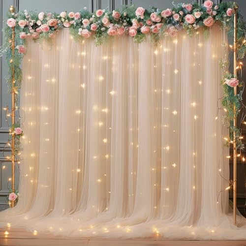 10x10ft Champagne Tulle Backdrop Curtain with Lights String for Parites Sheer Backdrop Curtains for Wedding Baby Shower Birthday Party Photo Shoot Decorations