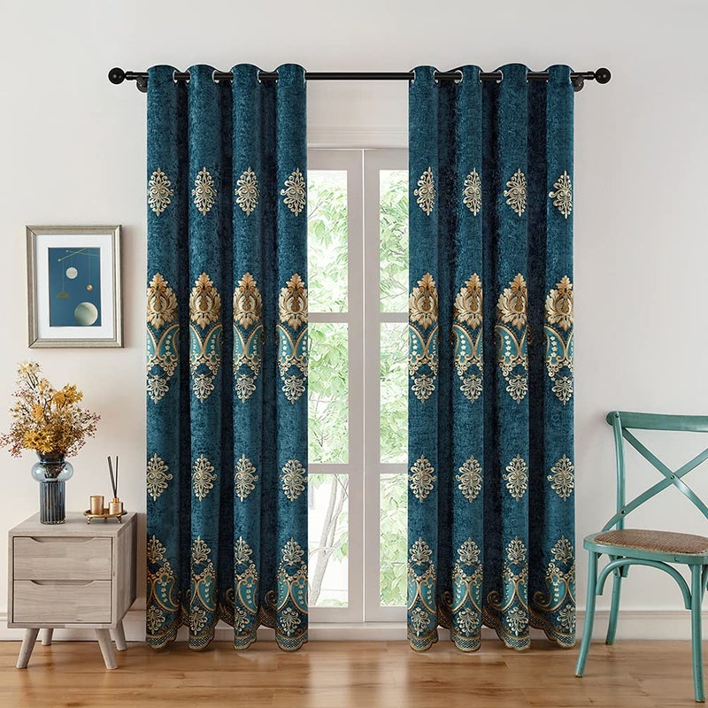 ELKCA Peacock Blue Chenille Curtain Set with Embroidered Pattern for Living Room European Curtains for BedroomGrommet Top52inch by 96inch2 Panels
