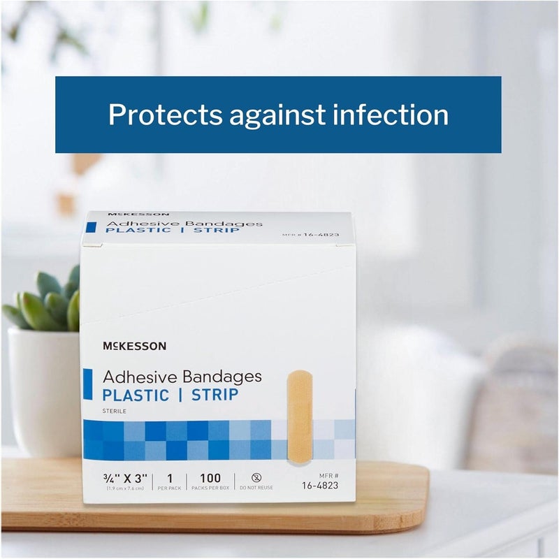 McKesson Adhesive Bandages Sterile Plastic Strip Rectangle Tan 34 in x 3 in 100 Count 1 Pack - Image 3