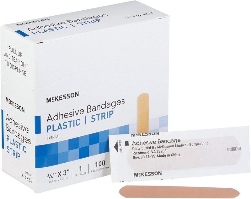 McKesson Adhesive Bandages Sterile Plastic Strip Rectangle Tan 34 in x 3 in 100 Count 1 Pack - Image 1
