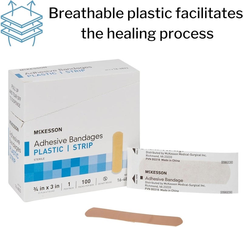 McKesson Adhesive Bandages Sterile Plastic Strip Rectangle Tan 34 in x 3 in 100 Count 1 Pack - Image 5