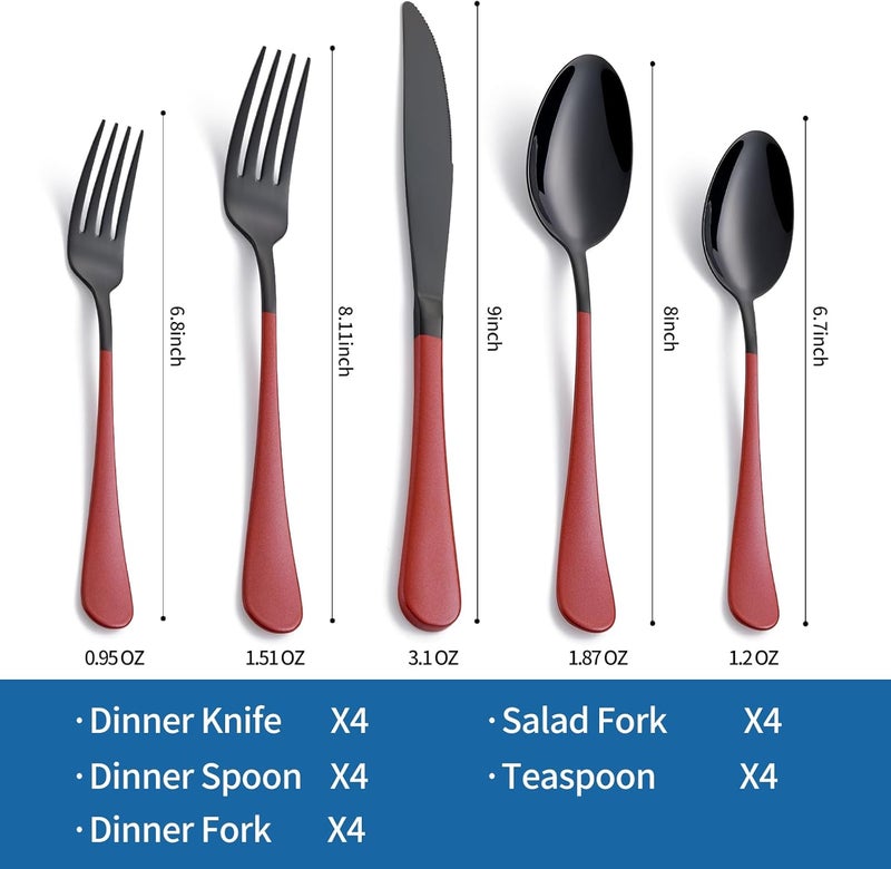 Onlycooker 20Piece Red Silverware Set 180 Stainless Steel Black Silverware Set Red Handle Cutlery Black Set Service for 4 Dinner Knives Forks Spoons Set Black Flatware SetFinish Dishwasher Safe - Image 2