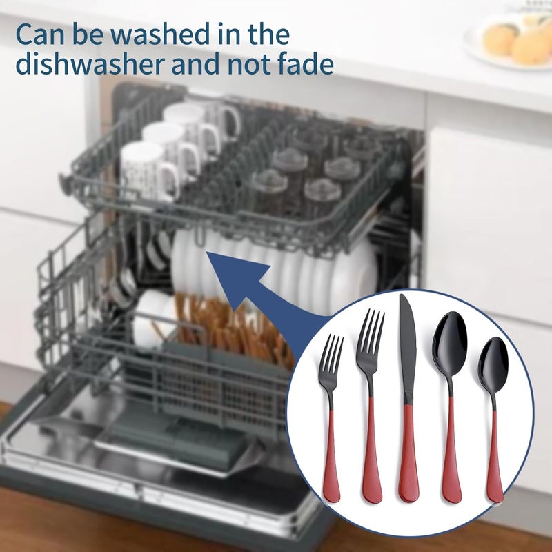 Onlycooker 20Piece Red Silverware Set 180 Stainless Steel Black Silverware Set Red Handle Cutlery Black Set Service for 4 Dinner Knives Forks Spoons Set Black Flatware SetFinish Dishwasher Safe - Image 5