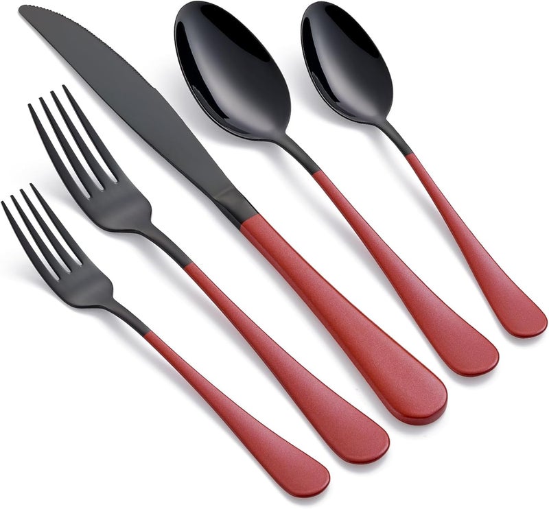 Onlycooker 20Piece Red Silverware Set 180 Stainless Steel Black Silverware Set Red Handle Cutlery Black Set Service for 4 Dinner Knives Forks Spoons Set Black Flatware SetFinish Dishwasher Safe - Image 1