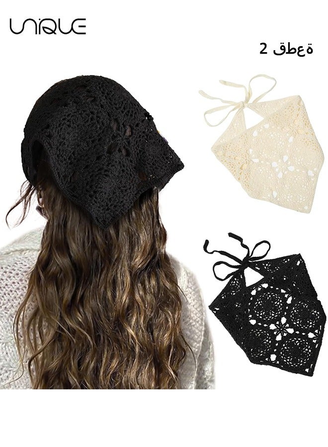 Unique Floral Crochet Hair Bandanas Headscarf 2 PCS Women Hair Scarf Daisy Headband Vintage Head Kerchief for Girls(Black+Beige)  - Image 1