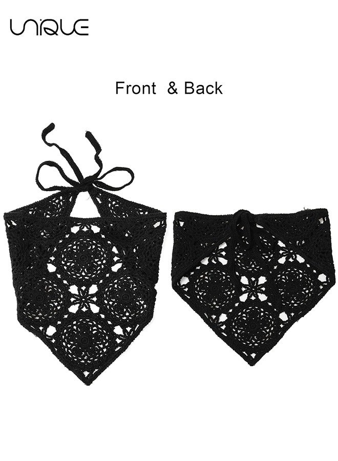 Unique Floral Crochet Hair Bandanas Headscarf 2 PCS Women Hair Scarf Daisy Headband Vintage Head Kerchief for Girls(Black+Beige)  - Image 4