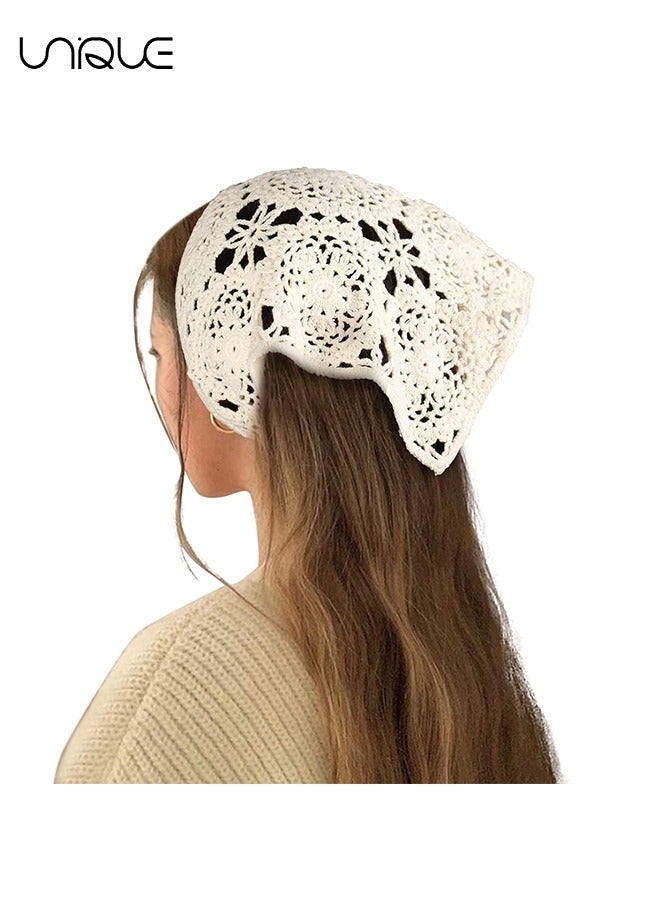 Unique Floral Crochet Hair Bandanas Headscarf 2 PCS Women Hair Scarf Daisy Headband Vintage Head Kerchief for Girls(Black+Beige)  - Image 5