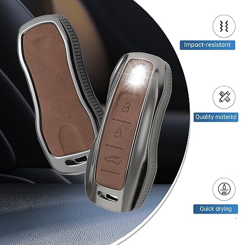 YO&YOYE Compatible with Porsche Key Fob Cover with Keychain Leather Key Case Protector Fit for Porsche Cayenne 911 Taycan Panamera, Brown - Image 3