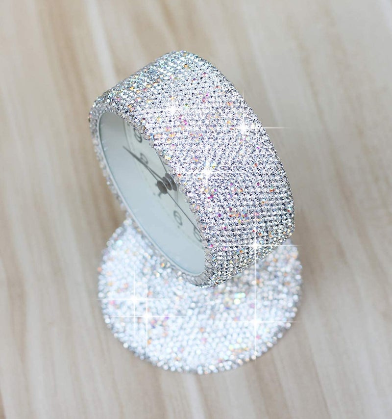 CARCHILE Luxury Rhinestone Small Alarm Desk Table Clock Morning Call Handmade Fashion Design for Bedroom Houseroom Living Room Cute As Gift AR (Pink) - Image 3