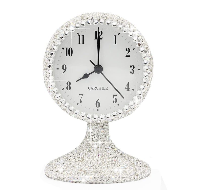 CARCHILE Luxury Rhinestone Small Alarm Desk Table Clock Morning Call Handmade Fashion Design for Bedroom Houseroom Living Room Cute As Gift AR (Pink) - Image 1