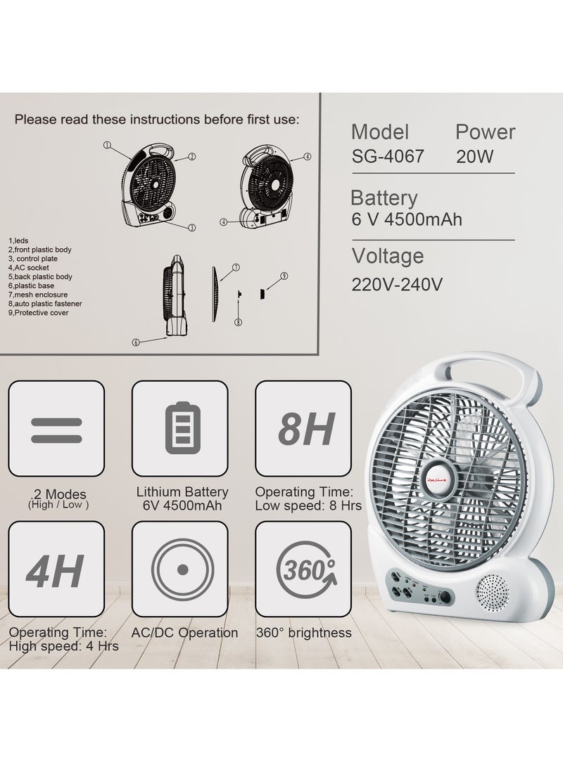 Stargold 10 Inch Rechargeable Oscillating Fan 4Pcs LED Light With Radio 20W - Image 5