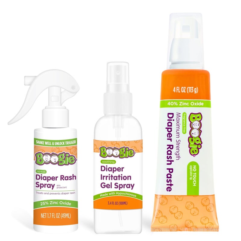 Boogie Diaper Rash Baby Bundle – Rash Spray, Extra Strength Paste, and Irritation Gel Spray – Diaper Bag Essentials for Newborns, Infants, & Toddlers, Set of 3 Baby Must Haves - Image 1