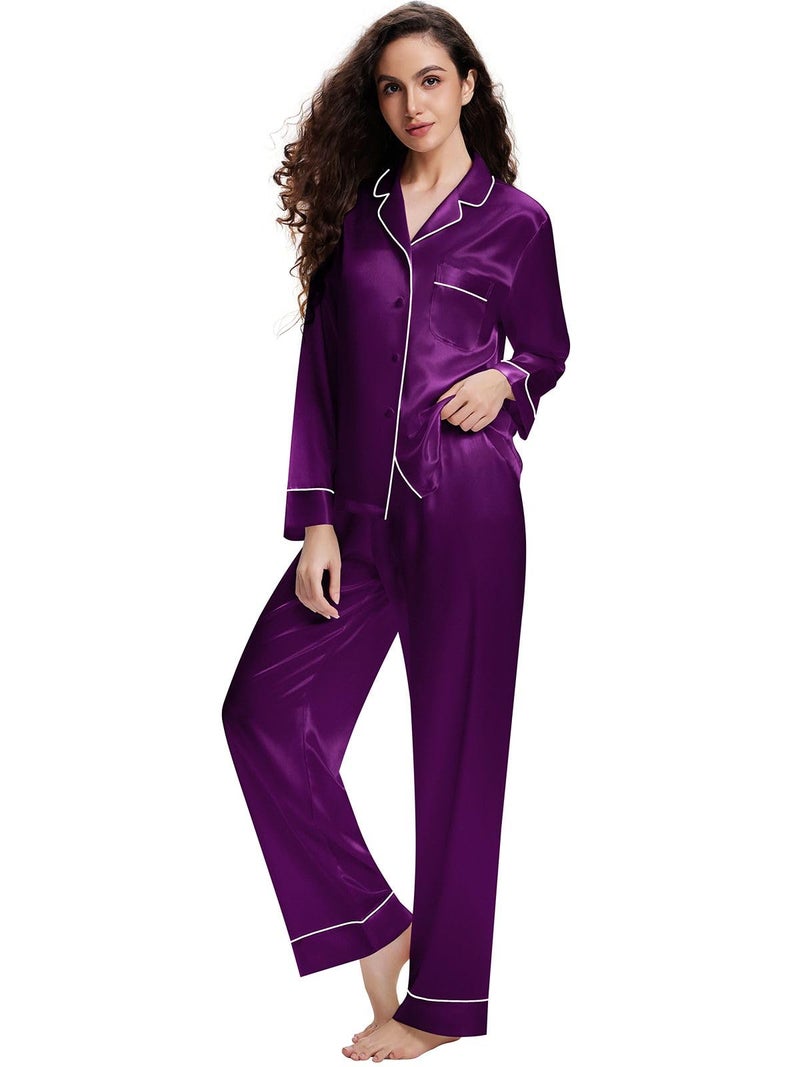 Lonxu Womens Silk Satin Pajamas Set Purple M