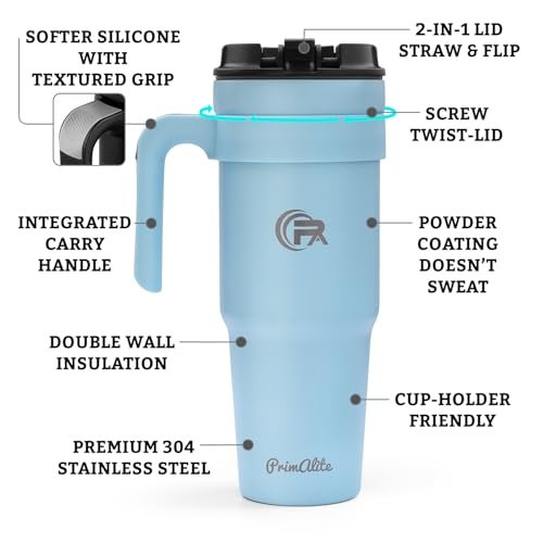 Primalite 1200ML Stainless Steel Insulated Tumbler with Handle | 2-in-1 Straw & Flip Lid | 40oz Travel Mug Bottle- Hot, Cold Drink | Fits in Car CupHolder for Water, Iced Tea, Coffee- Morning Sky Blue - Image 5