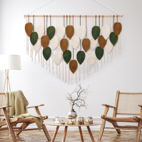 KHOYIME Large Macrame Wall Hanging Boho Woven Tapestry, Chic Home Decor Modern Bohemian Handmade Leaf Feather Wall Art Decorations for Apartment Living Room Bedroom Nursery Backdrop 51.5" W X 33.5" L - Image 4