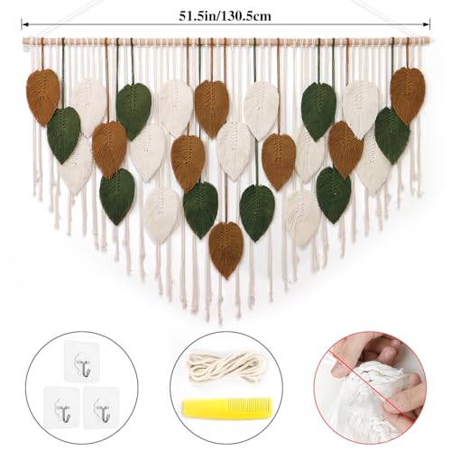 KHOYIME Large Macrame Wall Hanging Boho Woven Tapestry, Chic Home Decor Modern Bohemian Handmade Leaf Feather Wall Art Decorations for Apartment Living Room Bedroom Nursery Backdrop 51.5" W X 33.5" L - Image 2