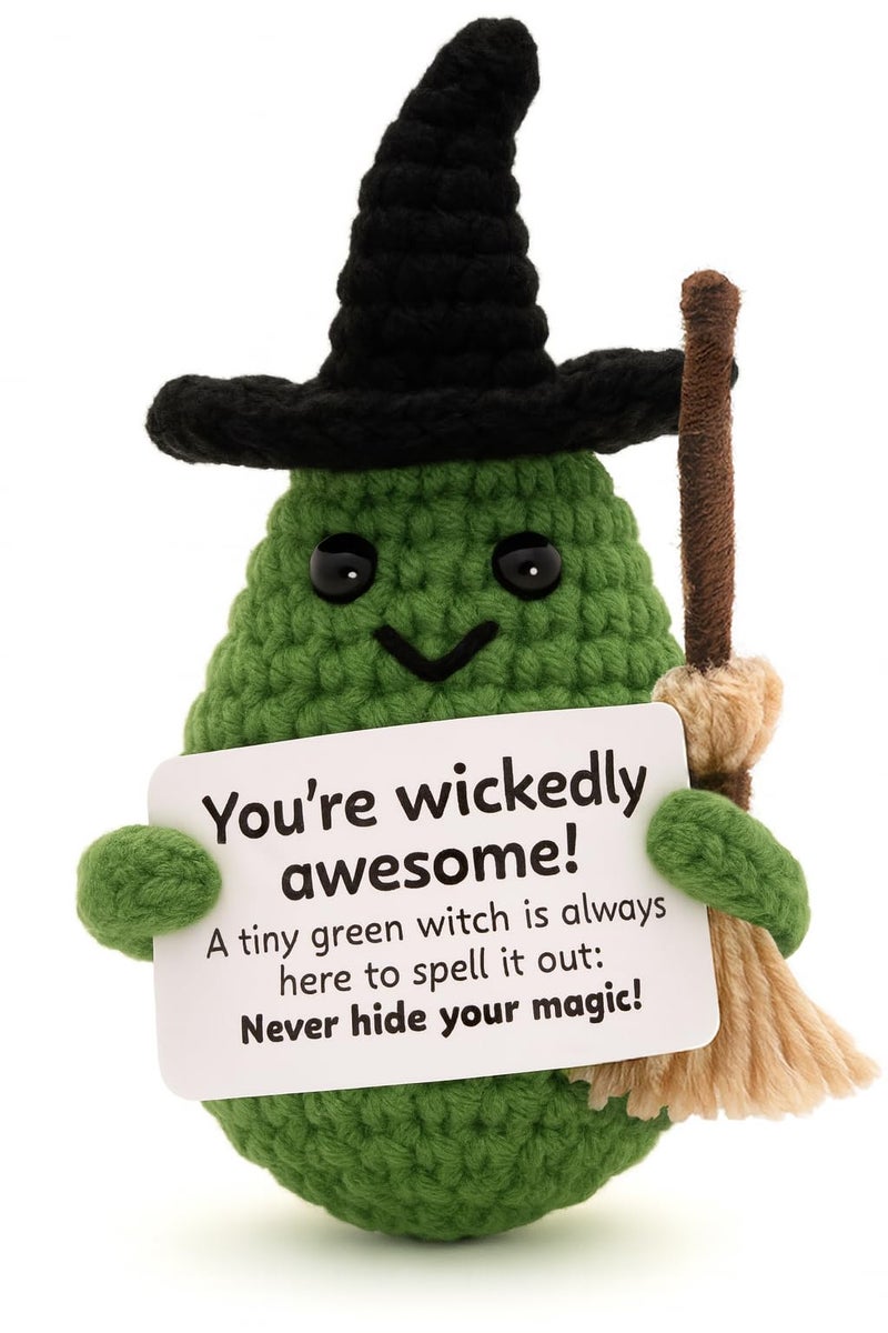 M.O.Q. Mini Funny Green Witch Birthday Crochet Ideas Gifts for Women Her Him Ages 14+, Small Cute Stuff Things, Handmade Emotional Positive Crochet Witch Decor - Image 1