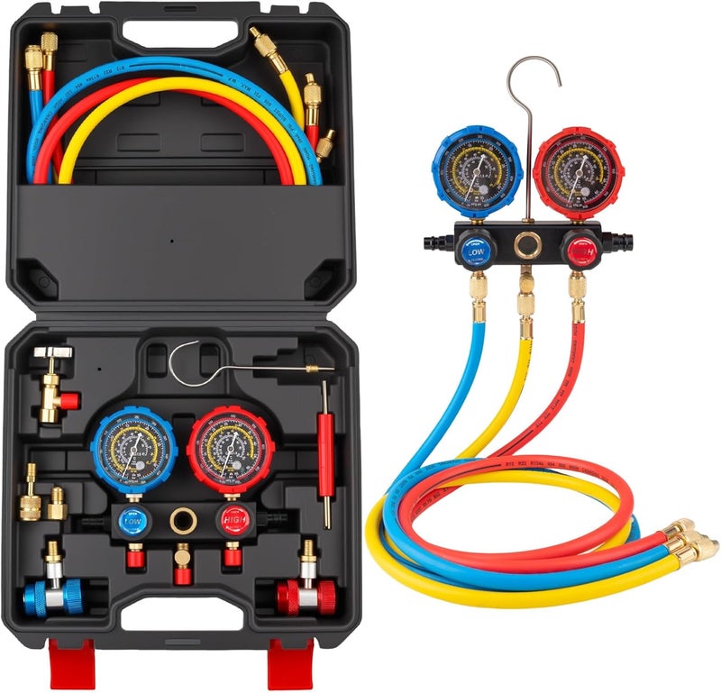 AJulyBee 3-Way Manifold Gauge Set, Automotive AC Recharge Kit for R134A/R410A/R1234YF/R22/R404A, Refrigerant Charging Tool for Car Freon Charging & Evacuation - Image 1